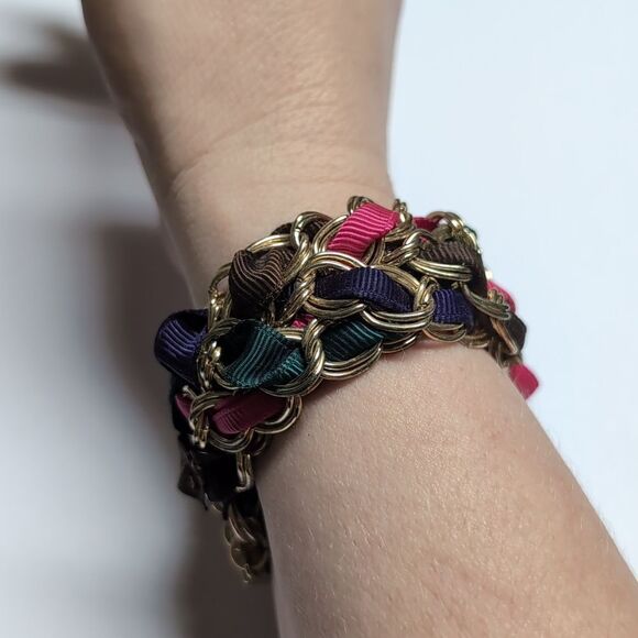 459 Gold Chain Woven with Pink Green Purple Brown Ribbon Cuff‎ Bracelet - Picture 2 of 2